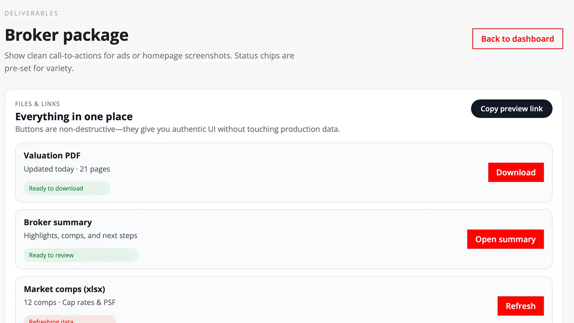 Broker package view with property details and files organized